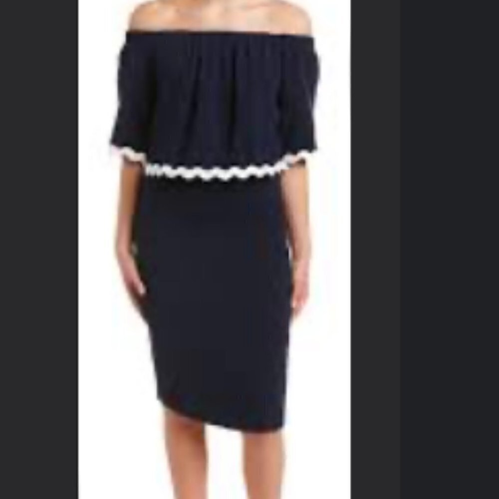 Shoshanna Astor Navy/White Off The Shoulder Dress NWT